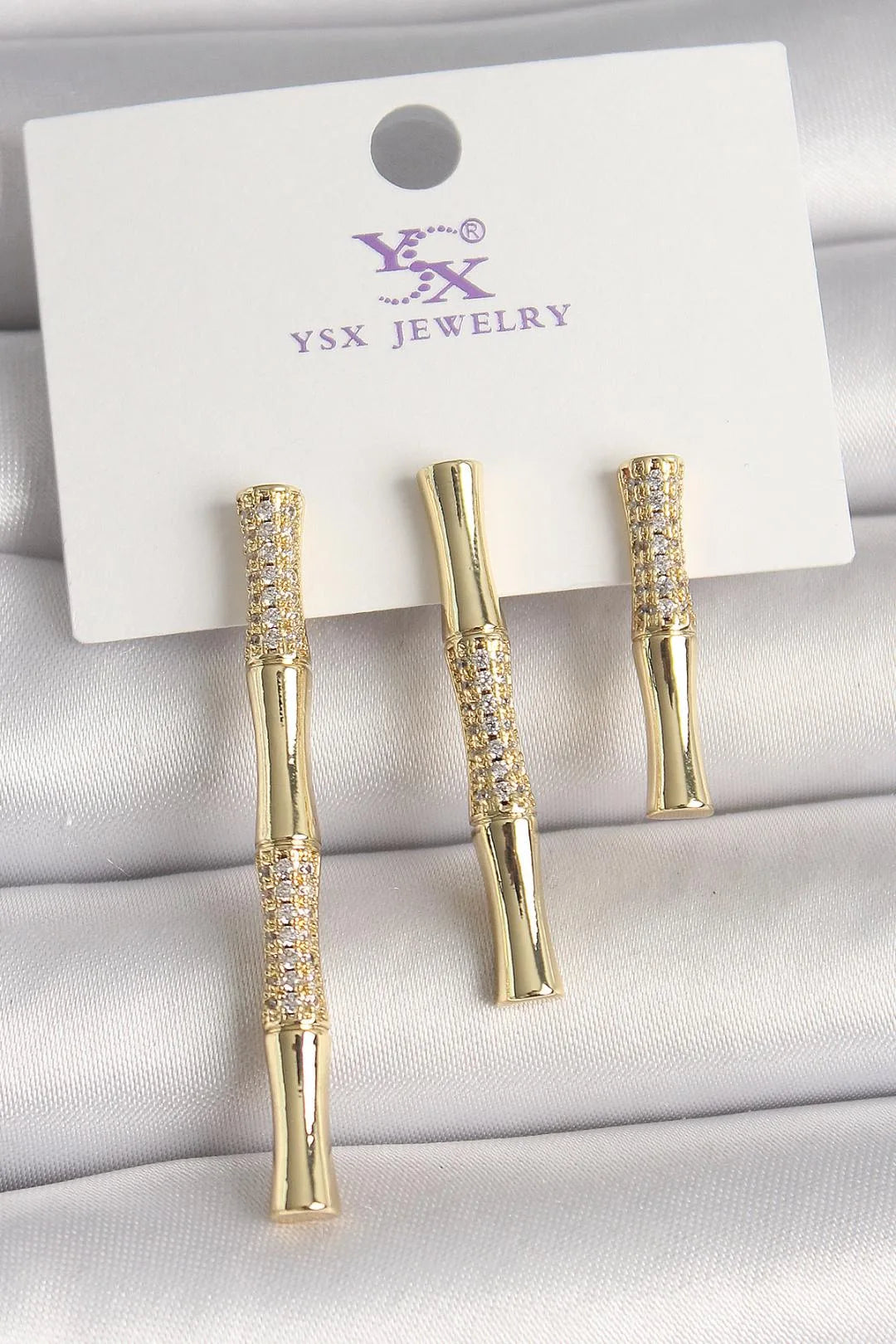 Gold Renk Zirkon Taşlı Bambu Model 3'Lü Kadın Kombin Küpe