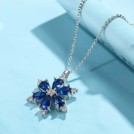 Lotus Çiçeği Safir Zirkon Taşlı Gümüş Kolye