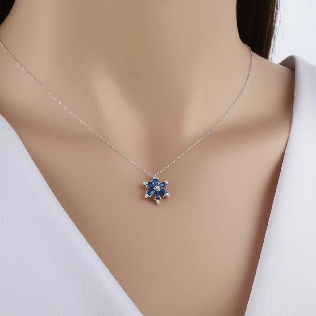 Lotus Çiçeği Safir Zirkon Taşlı Gümüş Kolye