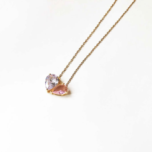 Pembe ve Lila Damla Taşlı Gold Renkli Kolye