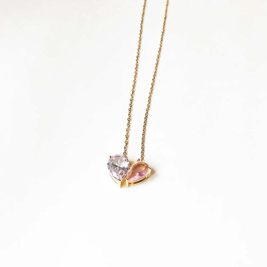 Pembe ve Lila Damla Taşlı Gold Renkli Kolye