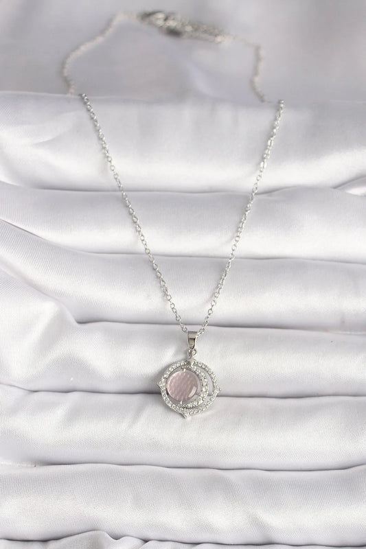 316L Çelik Zirkon Taşlı Pembe Sedefli Kadın Kolye