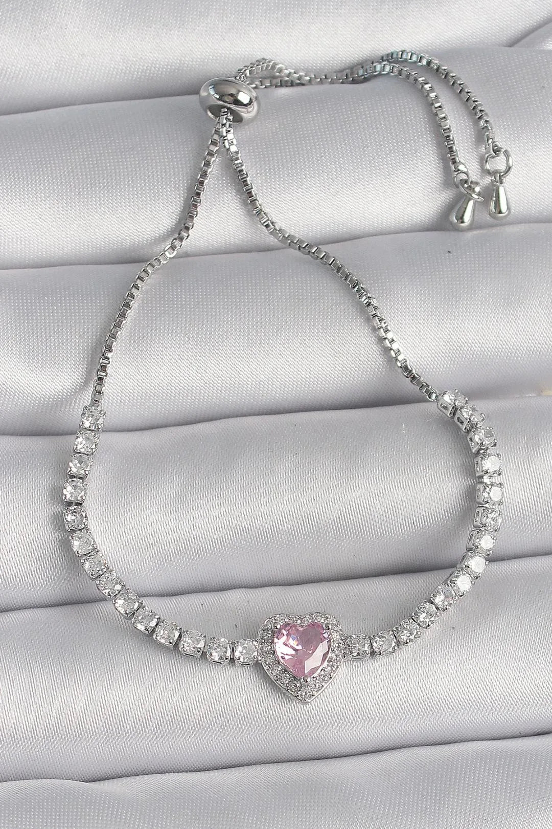 Pembe Zirkon Taşlı Kalp Charm Kadın Bileklik