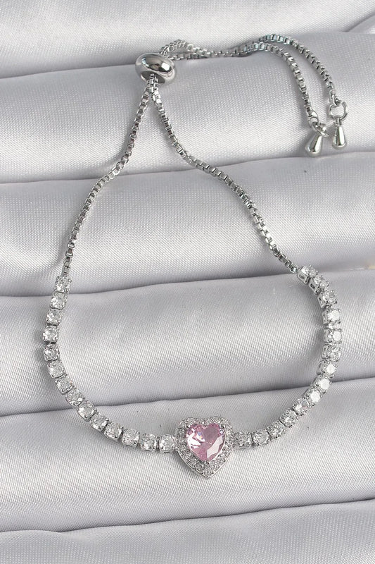 Pembe Zirkon Taşlı Kalp Charm Kadın Bileklik