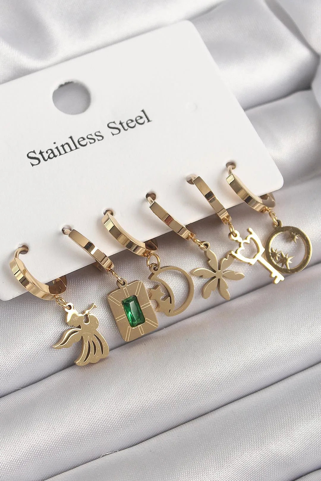 316L Çelik Gold Renk Sallantı Çoklu Model Kadın Küpe Seti