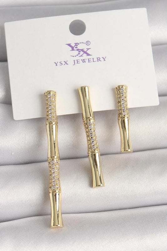 Gold Renk Zirkon Taşlı Bambu Model 3'Lü Kadın Kombin Küpe