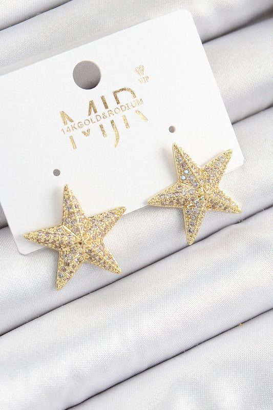Zirkon Taşlı Yıldız Model Gold Renk Kadın Küpe
