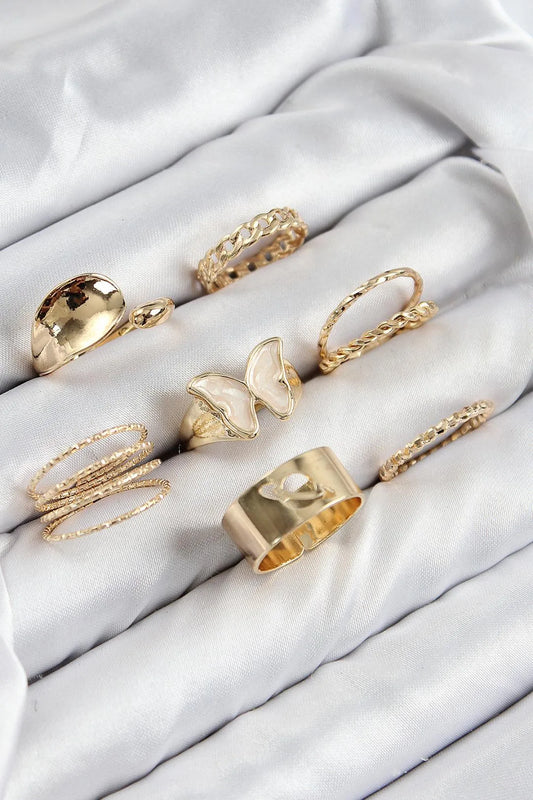 Kelebek Model Gold Renk 7'li Kadın Yüzük Kombin Set