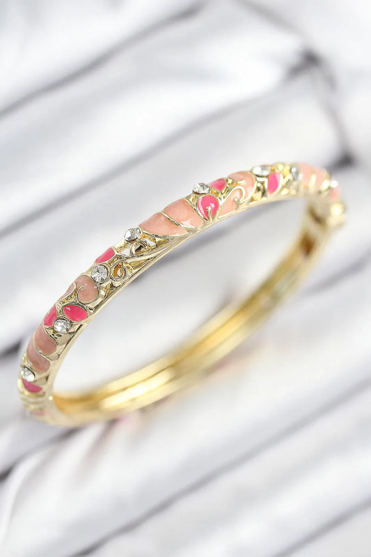 Mineli Zirkon Taşlı Pembe Çiçek Motifli Gold Kadın Kelepçe