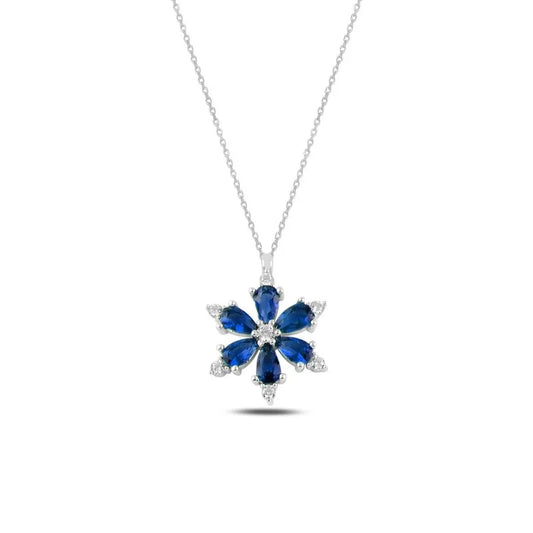 Lotus Çiçeği Safir Zirkon Taşlı Gümüş Kolye